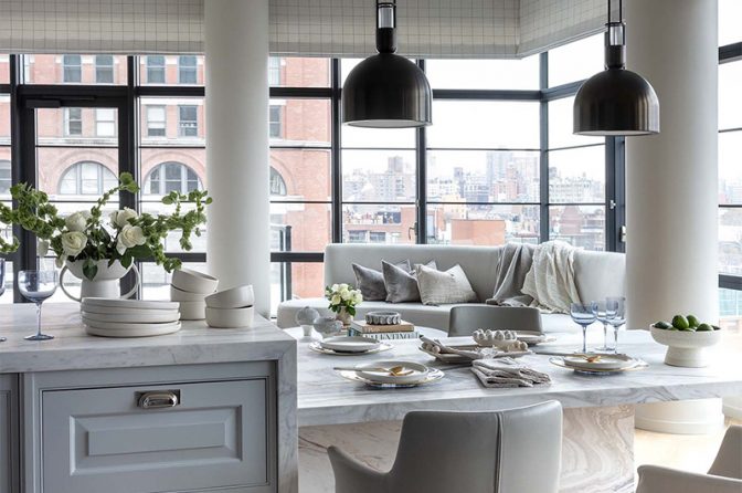 view from kitchen into living room of West Village Penthouse by NYC interior designer Purvi Padia